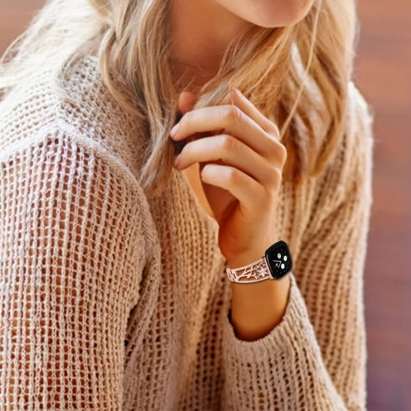 For Fitbit Versa 4 / Sense 2 Rhinestone Decor Stainless Steel Watch Strap Replacement Smartwatch Band - Rose Gold