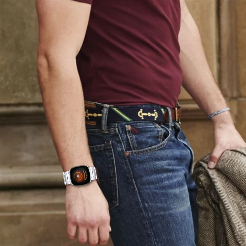 For Fitbit Versa 4 / Sense 2 Watch Strap Stainless Steel 3-Bead Smart Band Strap Replacement - Silver