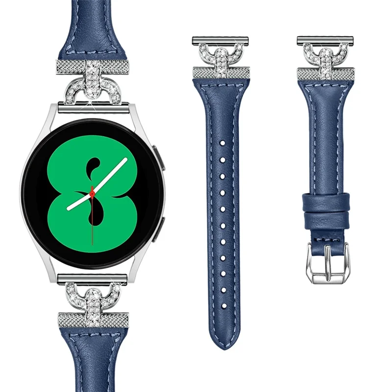 20mm Genuine Cow Leather Band for Samsung Galaxy Watch6 40mm 44mm / Watch6 Classic 43mm 47mm / Watch 5 40mm 44mm / Watch4 40mm 44mm , Rhinestone Decor Watch Strap with Silver Buckle - Ink Blue
