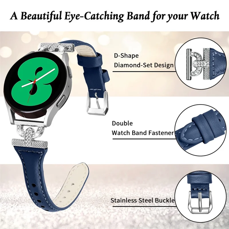 20mm Genuine Cow Leather Band for Samsung Galaxy Watch6 40mm 44mm / Watch6 Classic 43mm 47mm / Watch 5 40mm 44mm / Watch4 40mm 44mm , Rhinestone Decor Watch Strap with Silver Buckle - Ink Blue