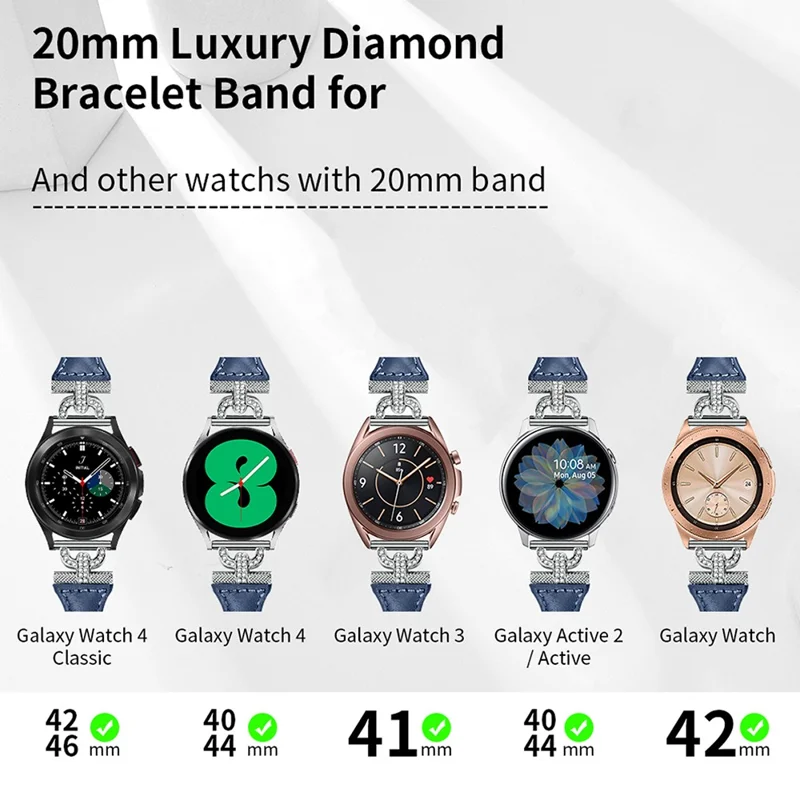 20mm Genuine Cow Leather Band for Samsung Galaxy Watch6 40mm 44mm / Watch6 Classic 43mm 47mm / Watch 5 40mm 44mm / Watch4 40mm 44mm , Rhinestone Decor Watch Strap with Silver Buckle - Ink Blue