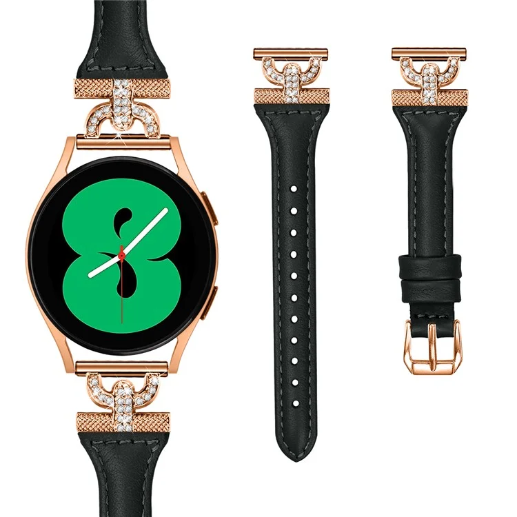 20mm Watch Strap for Samsung Galaxy Watch Active 1 / 2 / 3 40mm 44mm , Genuine Cow Leather Rhinestone Decor Band with Rose Gold Buckle - Black