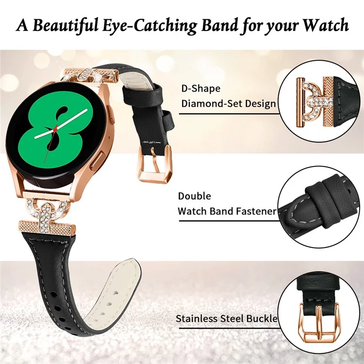20mm Watch Strap for Samsung Galaxy Watch Active 1 / 2 / 3 40mm 44mm , Genuine Cow Leather Rhinestone Decor Band with Rose Gold Buckle - Black