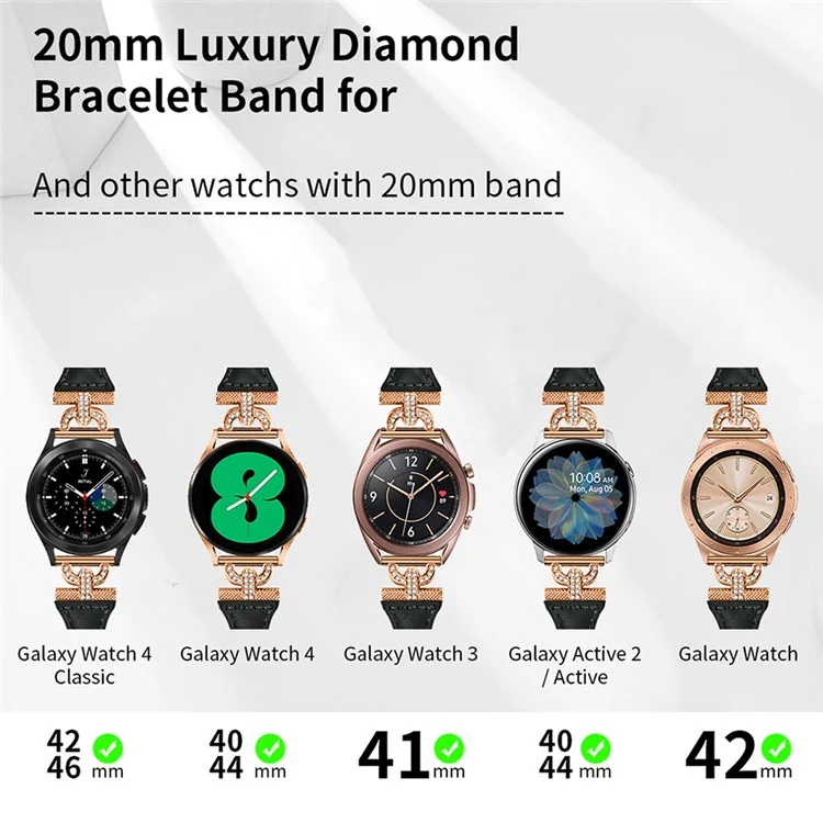 20mm Watch Strap for Samsung Galaxy Watch Active 1 / 2 / 3 40mm 44mm , Genuine Cow Leather Rhinestone Decor Band with Rose Gold Buckle - Black