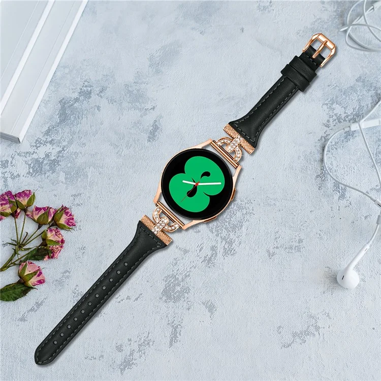 20mm Watch Strap for Samsung Galaxy Watch Active 1 / 2 / 3 40mm 44mm , Genuine Cow Leather Rhinestone Decor Band with Rose Gold Buckle - Black