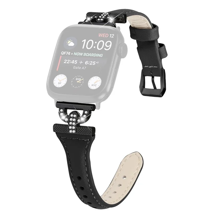 Genuine Cow Leather Band for Apple Watch Series 10 42mm / 9 8 7 41mm / SE (2023) SE (2022) SE 6 5 4 40mm / 3 2 1 38mm Rhinestone Decor Watch Strap with Balck Buckle - Black