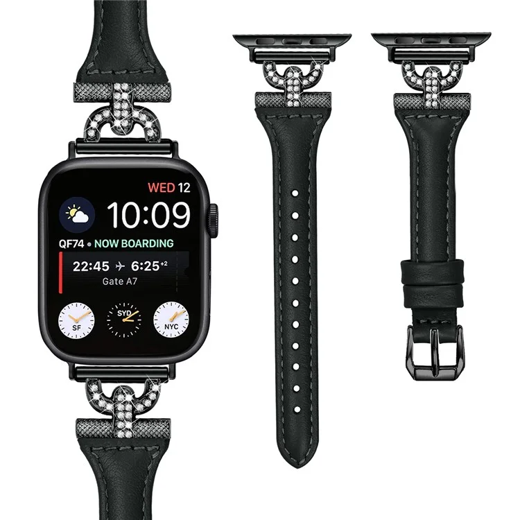 Genuine Cow Leather Band for Apple Watch Series 10 42mm / 9 8 7 41mm / SE (2023) SE (2022) SE 6 5 4 40mm / 3 2 1 38mm Rhinestone Decor Watch Strap with Balck Buckle - Black