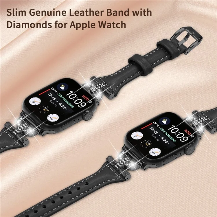 Genuine Cow Leather Band for Apple Watch Series 10 42mm / 9 8 7 41mm / SE (2023) SE (2022) SE 6 5 4 40mm / 3 2 1 38mm Rhinestone Decor Watch Strap with Balck Buckle - Black