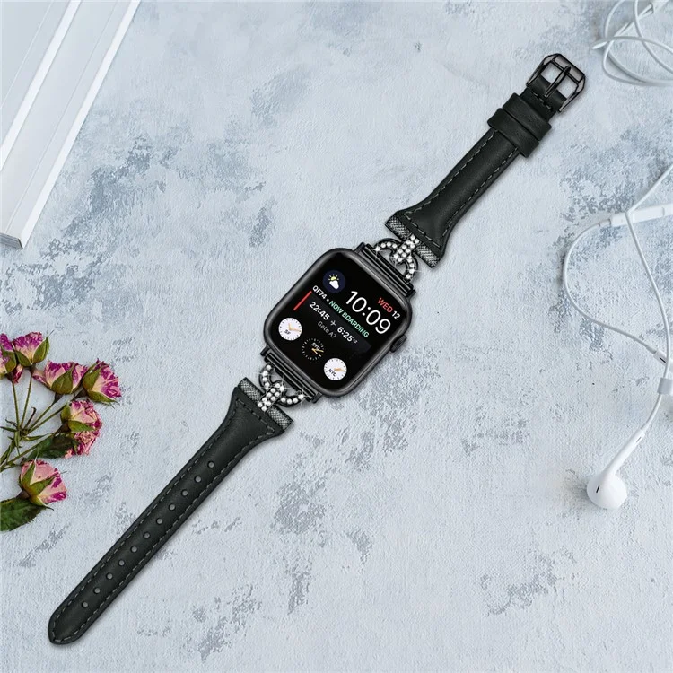 Genuine Cow Leather Band for Apple Watch Series 10 42mm / 9 8 7 41mm / SE (2023) SE (2022) SE 6 5 4 40mm / 3 2 1 38mm Rhinestone Decor Watch Strap with Balck Buckle - Black