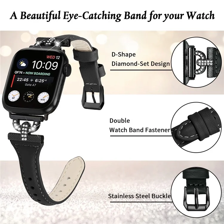 Rhinestone-Dekor-Uhrenband für Apple Watch Series 10 46mm / Ultra 2 Ultra 49mm / Series 9 8 7 45mm / 6 5 4 SE (2023) SE (2022) SE 44mm / 3 2 1 42mm, Schwarzer Schnallengenuinlederriemen - Schwarz