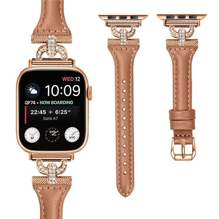 Band for Apple Watch Series 10 46mm / Ultra 2 Ultra 49mm /  Series 9 8 7 45mm / 6 5 4 SE (2023) SE (2022) SE 44mm / 3 2 1 42mm , Rhinestone Genuine Cow Leather Strap with Rose Gold Buckle - Brown