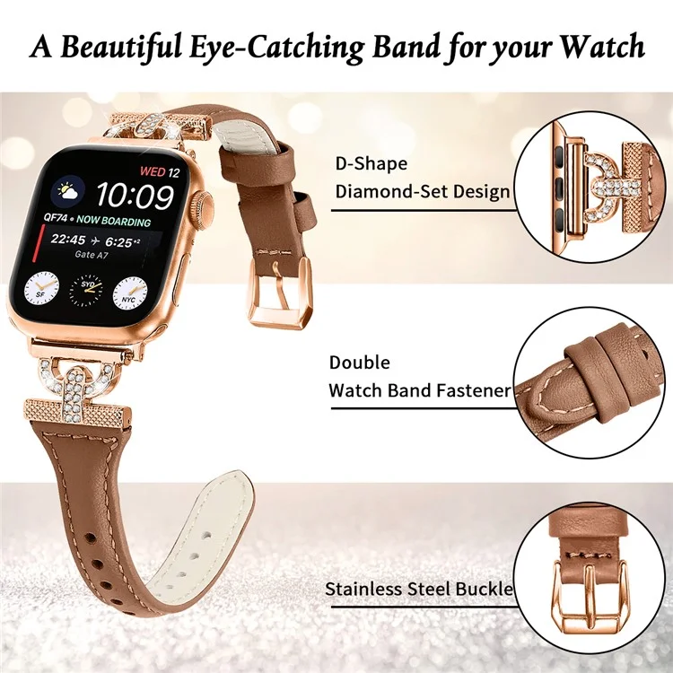 Band for Apple Watch Series 10 46mm / Ultra 2 Ultra 49mm /  Series 9 8 7 45mm / 6 5 4 SE (2023) SE (2022) SE 44mm / 3 2 1 42mm , Rhinestone Genuine Cow Leather Strap with Rose Gold Buckle - Brown