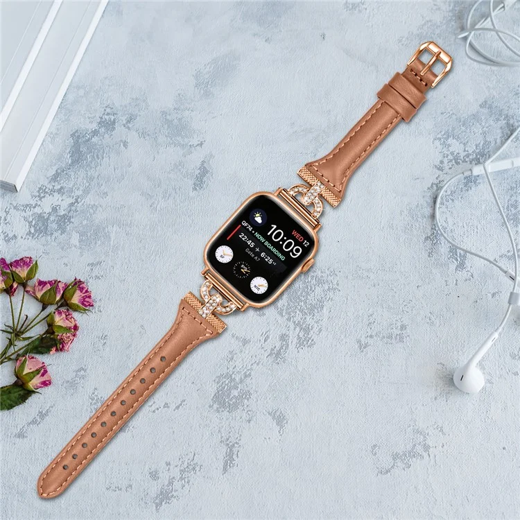 Band for Apple Watch Series 10 46mm / Ultra 2 Ultra 49mm /  Series 9 8 7 45mm / 6 5 4 SE (2023) SE (2022) SE 44mm / 3 2 1 42mm , Rhinestone Genuine Cow Leather Strap with Rose Gold Buckle - Brown