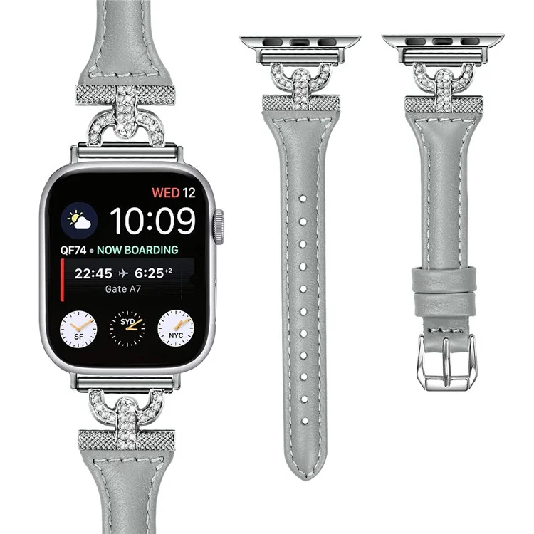Correa de Reloj de Hebilla de Plata para Apple Watch Series 10 46mm / Ultra 2 Ultra 49mm / Series 9 8 7 45mm / 6 5 4 SE (2023) SE (2022) SE 44mm / 3 2 1 42mm, Decoración de Rhinestone Cuero Auténtico de Vaca - Gris