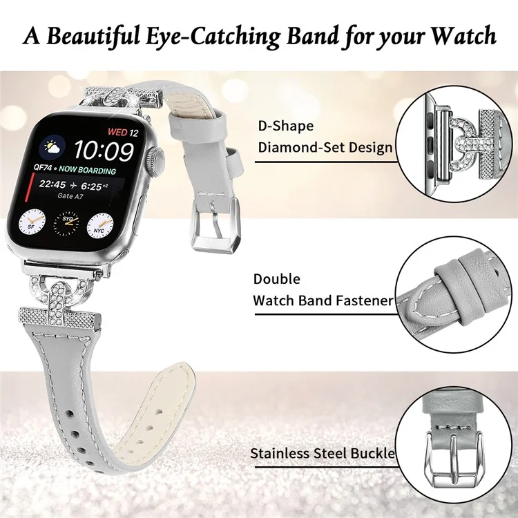 Correa de Reloj de Hebilla de Plata para Apple Watch Series 10 46mm / Ultra 2 Ultra 49mm / Series 9 8 7 45mm / 6 5 4 SE (2023) SE (2022) SE 44mm / 3 2 1 42mm, Decoración de Rhinestone Cuero Auténtico de Vaca - Gris