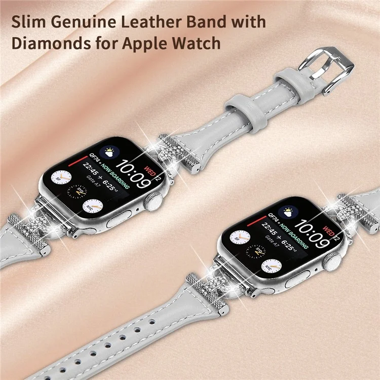 Correa de Reloj de Hebilla de Plata para Apple Watch Series 10 46mm / Ultra 2 Ultra 49mm / Series 9 8 7 45mm / 6 5 4 SE (2023) SE (2022) SE 44mm / 3 2 1 42mm, Decoración de Rhinestone Cuero Auténtico de Vaca - Gris