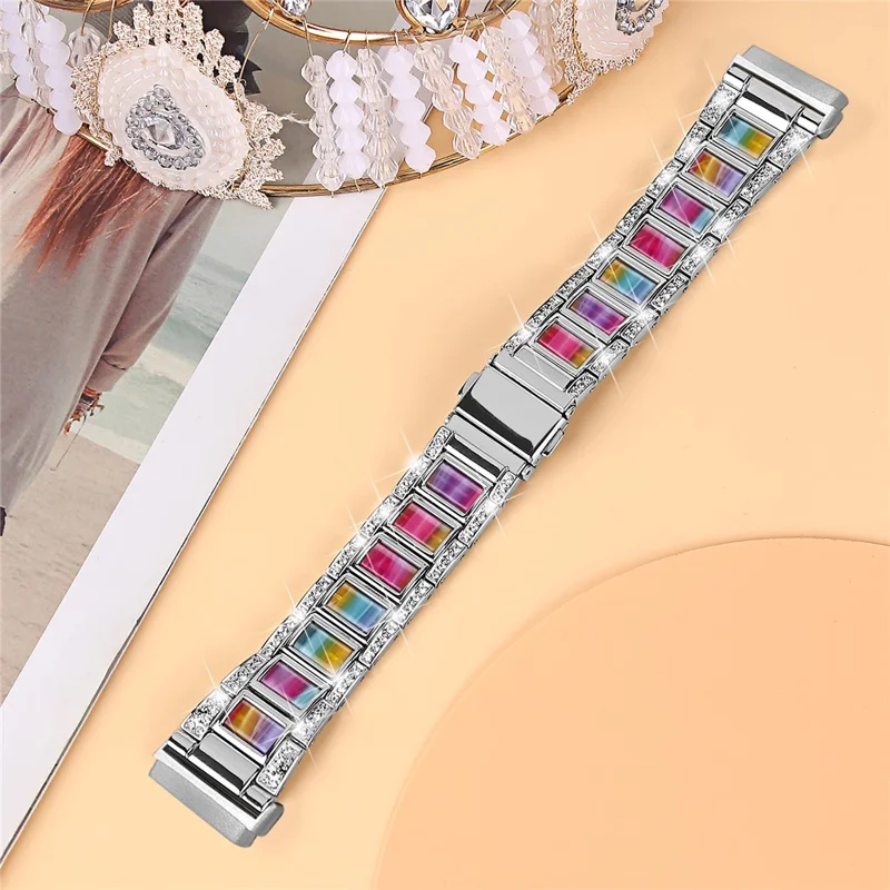 Para Fitbit Versa 4 / Sense 2 Watch Band Stainless Steel Resin Strap Rhinestone Decor Bracelet - Silver / Multi-color