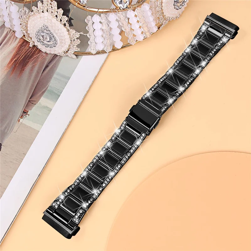 Para Fitbit Versa 4 / Sense 2 Resin Watch Strap Stainless Steel Rhinestone Decor Watch Band - Preto