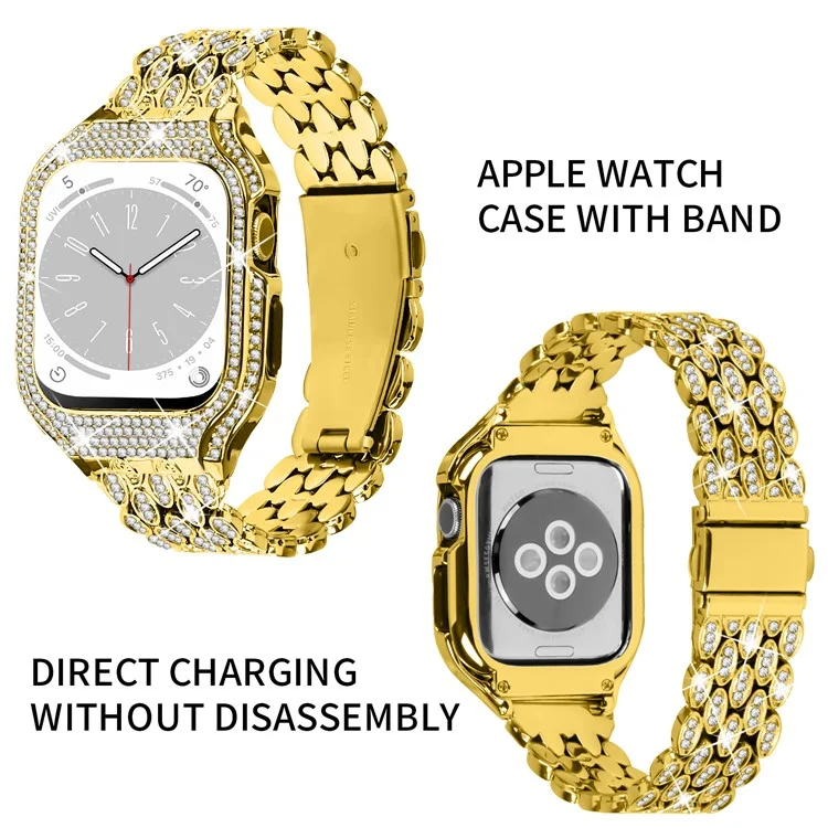 For Apple Watch Series 8 7 41mm Stainless Steel Watch Band Rhinestone Decor Strap with Protective Case - Gold