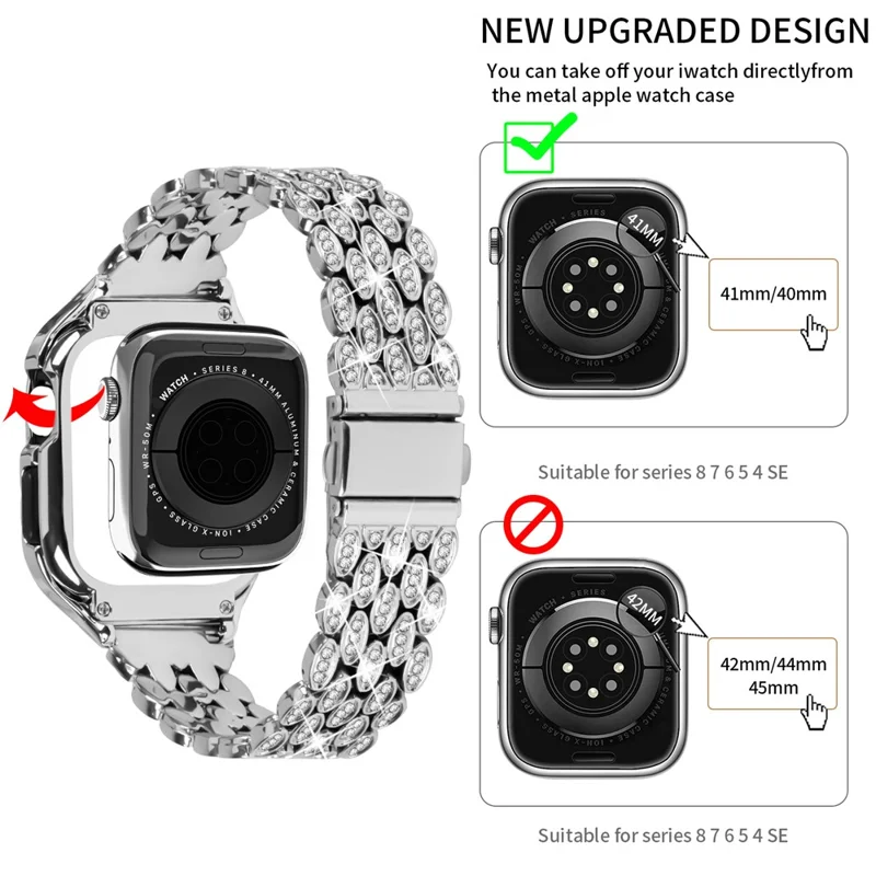 For Apple Watch Series 8 7 41mm Stainless Steel Watch Band Rhinestone Decor Strap with Protective Case - Silver