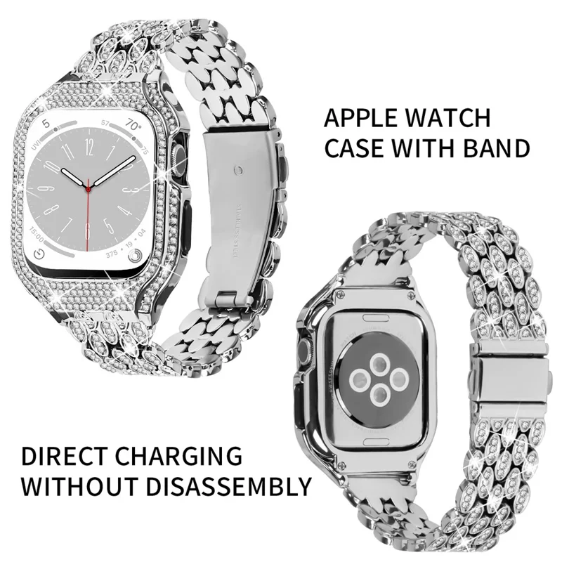 For Apple Watch Series 8 7 41mm Stainless Steel Watch Band Rhinestone Decor Strap with Protective Case - Silver