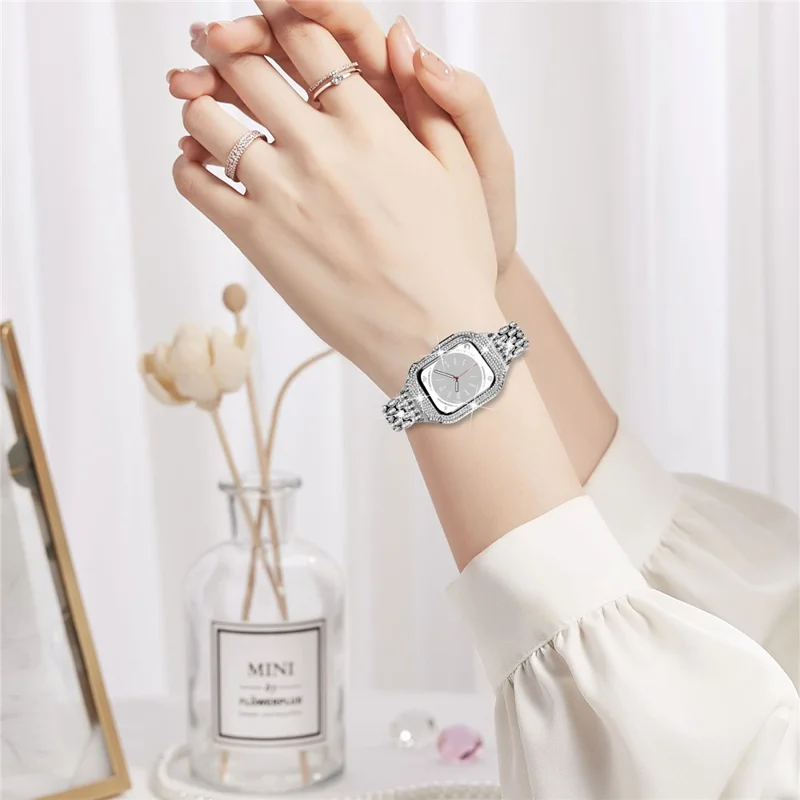 For Apple Watch Series 8 7 41mm Stainless Steel Watch Band Rhinestone Decor Strap with Protective Case - Silver