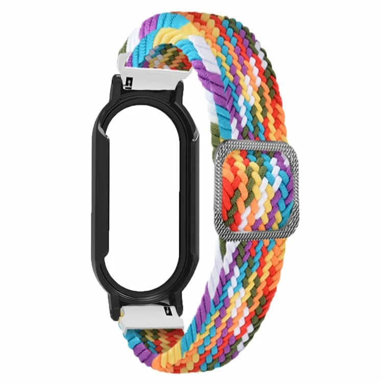 Per Xiaomi Smart Band 8 Braided Nylon Watch Band Elastic Wrist Strap con Watch Case e Screen Protector - Rainbow+Black Case