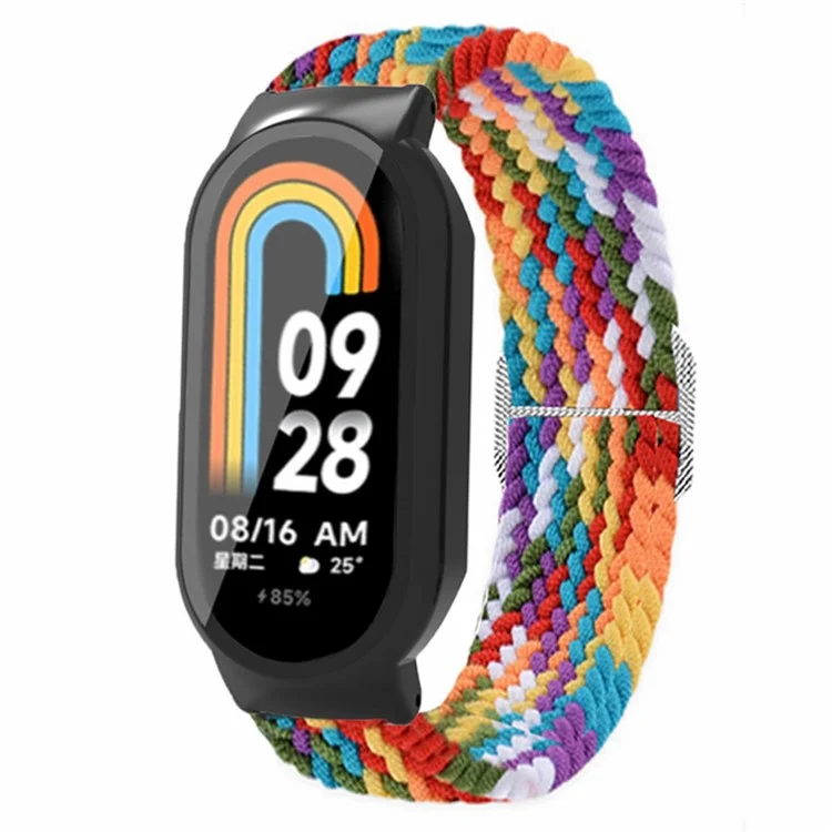 Per Xiaomi Smart Band 8 Braided Nylon Watch Band Elastic Wrist Strap con Watch Case e Screen Protector - Rainbow+Black Case