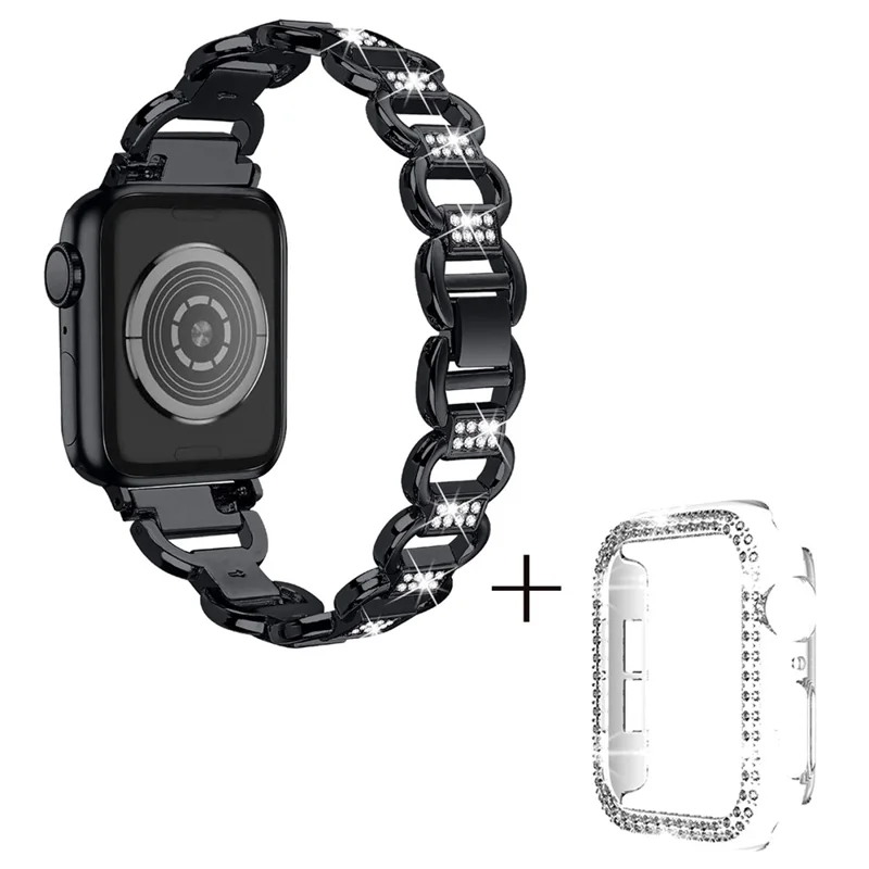 For Apple Watch Series 1 / 2 / 3 38mm Rhinestones Decor Oval Alloy Wrist Strap + Transparent PC Watch Case - Black