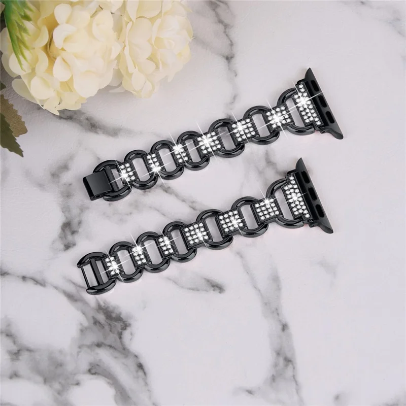 For Apple Watch Series 1 / 2 / 3 38mm Rhinestones Decor Oval Alloy Wrist Strap + Transparent PC Watch Case - Black