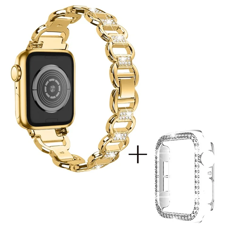 Für Apple Watch Series 1 / 2 / 3 42mm Rhinestones Decor Oval Alloy Replacement Strap + Clear PC Watch Case - Gold