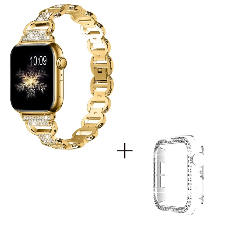 Für Apple Watch Series 1 / 2 / 3 42mm Rhinestones Decor Oval Alloy Replacement Strap + Clear PC Watch Case - Gold