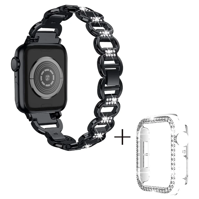 Zamienny pasek z kryształami Swarovski w kształcie owalu z aluminium + przezroczysta obudowa z PC do Apple Watch Series 1 / 2 / 3 42 mm – Czarny