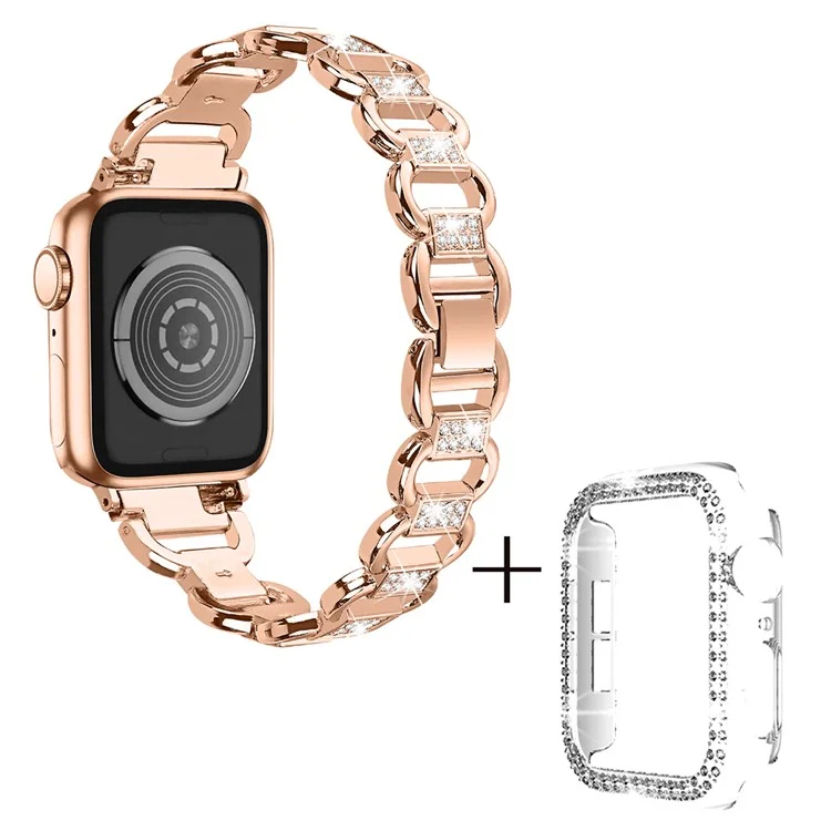 Para Apple Watch Series 7 / 8 41mm Substituição de Pulseira Decoração de Strass Oval Banda de Liga + Capa de Relógio PC Transparente - Rose Gold