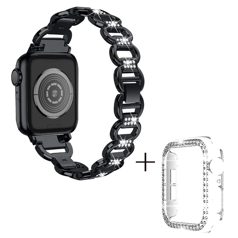 For Apple Watch Series 7 / 8 41mm Replacement Strap Rhinestones Decor Oval Alloy Band + Clear PC Watch Case - Black