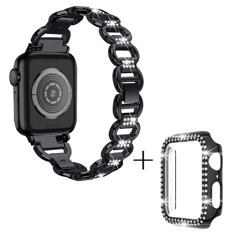 For Apple Watch Series 7 / 8 41mm Replacement Rhinestones Decor Oval Alloy Strap + PC Watch Protective Case - Black