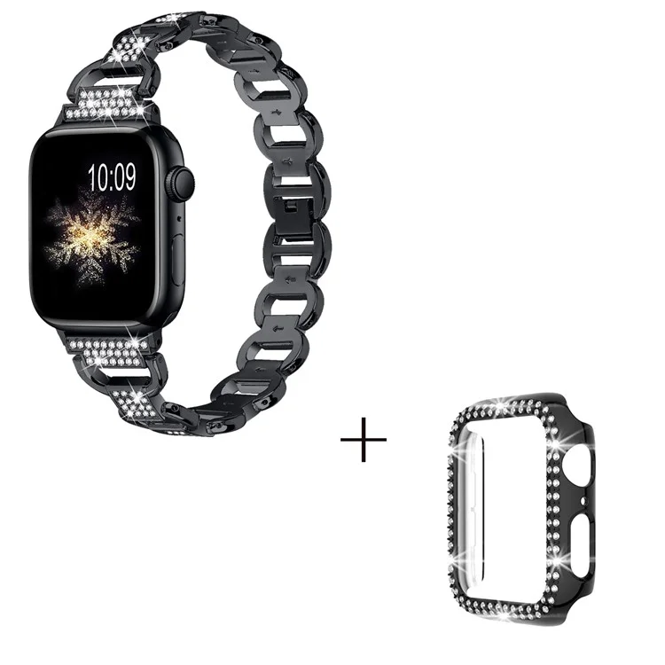 For Apple Watch Series 7 / 8 41mm Replacement Rhinestones Decor Oval Alloy Strap + PC Watch Protective Case - Black