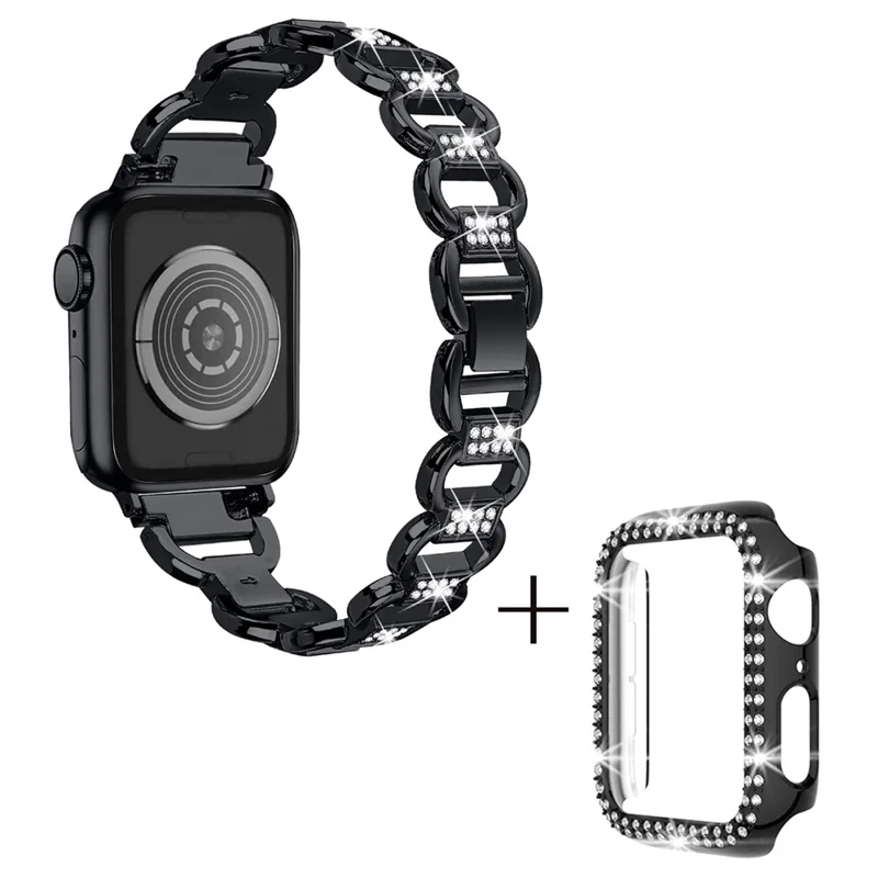 For Apple Watch Series 7 / 8 45mm Oval Alloy Wrist Strap Rhinestones Decor Watchband + PC Watch Case - Black