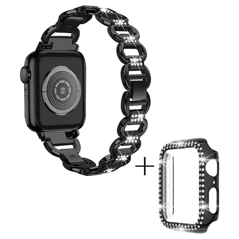 Per Apple Watch Ultra 49mm Rhinestones Decor Oval Shape Alloy Watch Strap + PC Anti-scratch Watch Case - Nero