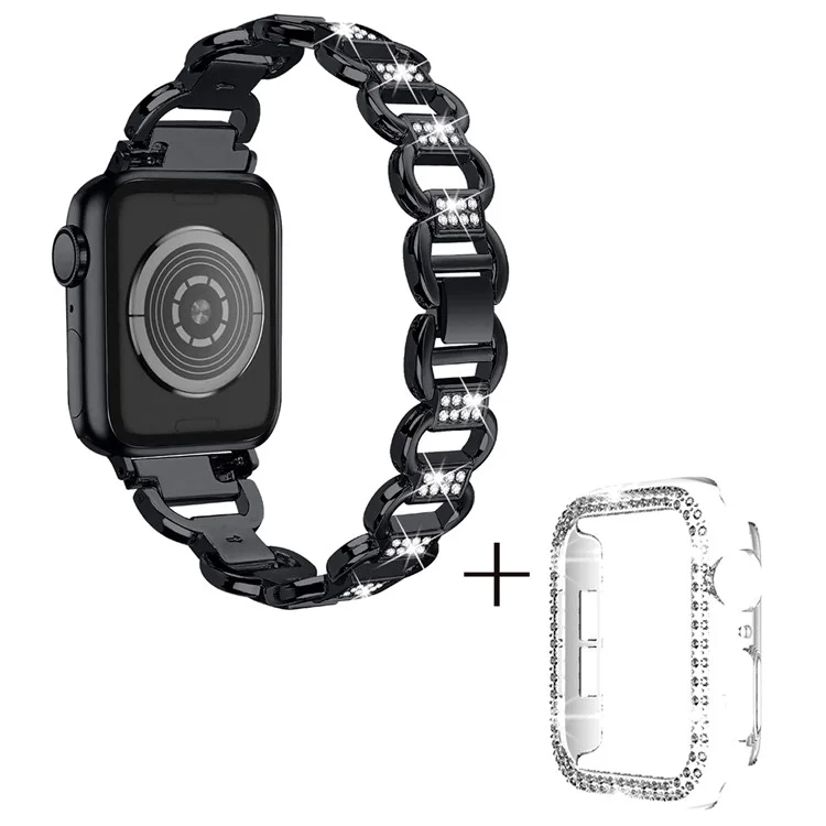 For Apple Watch Ultra 49mm Rhinestones Decor Replacement Oval Shape Alloy Strap + PC Clear Watch Case - Black