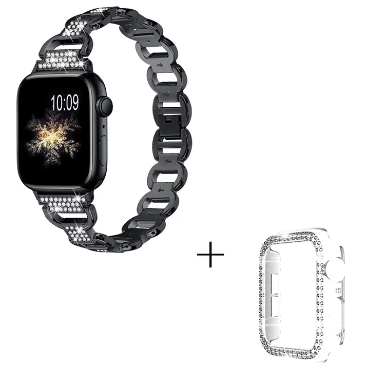 Para Apple Watch Series 4 / 5 / 6 / SE / SE (2022) 44mm Rhinestones Decor Oval Shape Alloy Wrist Strap + PC Clear Watch Case - Negro