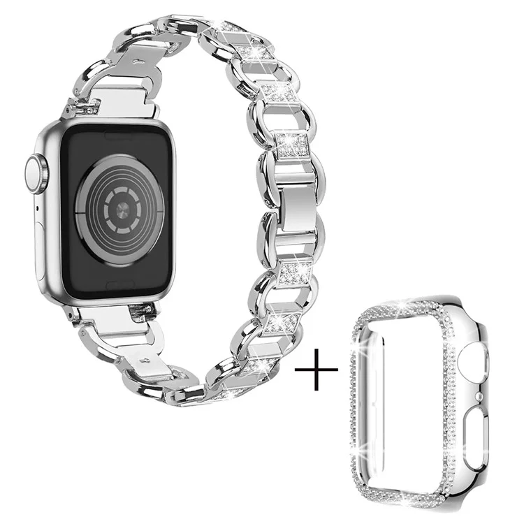 Per Apple Watch Series 4 / 5 / 6 / SE / SE (2022) 40mm Rhinestones Decor Oval Alloy Replace Watch Band + PC Watch Frame - Argento