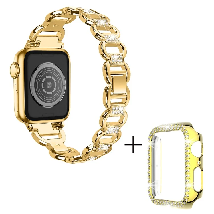 Para Apple Watch Series 4 / 5 / 6 / SE / SE (2022) 44mm Oval Alloy Rhinestones Decor Watch Strap + PC Anti-drop Watch Case - Gold