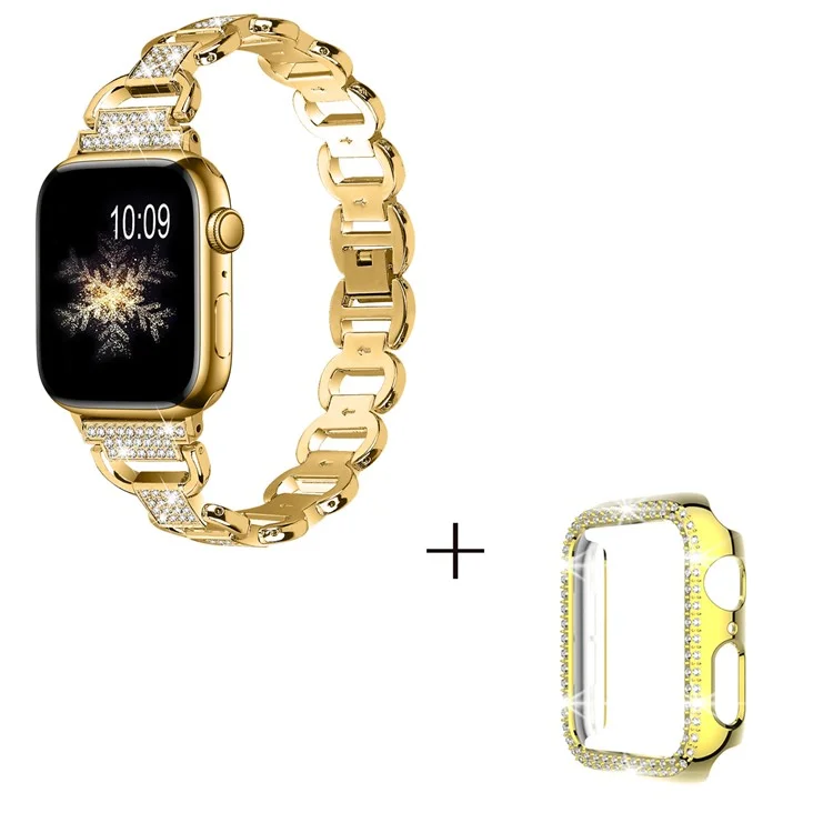 Para Apple Watch Series 4 / 5 / 6 / SE / SE (2022) 44mm Oval Alloy Rhinestones Decor Watch Strap + PC Anti-drop Watch Case - Gold