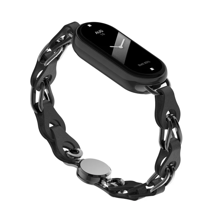 Für Xiaomi Mi Band 9 NFC / Mi Band 9 / Smart Band 8 NFC / Smart Band 8 Uhrenarmband Echtes Rindsleder+Aluminiumlegierung Kettenarmband - Schwarz