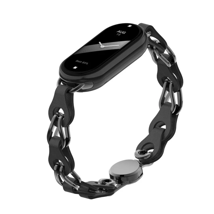 Für Xiaomi Mi Band 9 NFC / Mi Band 9 / Smart Band 8 NFC / Smart Band 8 Uhrenarmband Echtes Rindsleder+Aluminiumlegierung Kettenarmband - Schwarz