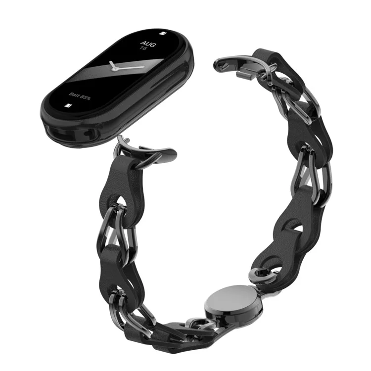 Für Xiaomi Mi Band 9 NFC / Mi Band 9 / Smart Band 8 NFC / Smart Band 8 Uhrenarmband Echtes Rindsleder+Aluminiumlegierung Kettenarmband - Schwarz