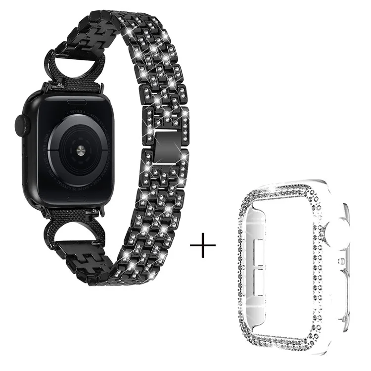 Rhinestone Decor Watch Band für Apple Watch Series 6 5 4 SE (2022) SE 40mm, 5-Bead Edelstahlarmband + Klare PC-Uhrenbox - Schwarz
