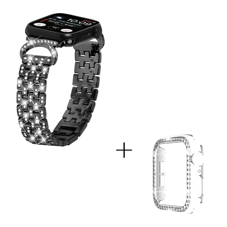 Rhinestone Decor Watch Band für Apple Watch Series 6 5 4 SE (2022) SE 40mm, 5-Bead Edelstahlarmband + Klare PC-Uhrenbox - Schwarz
