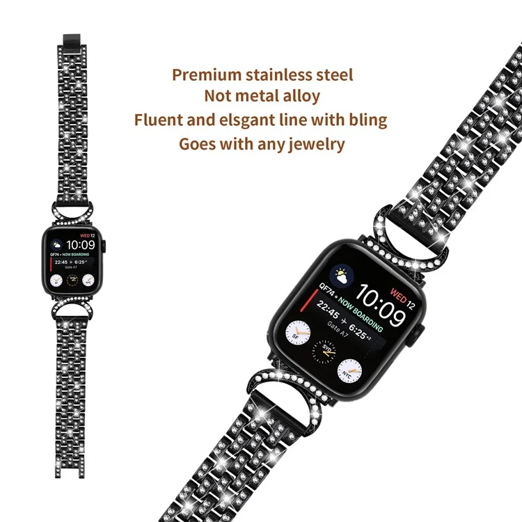 Rhinestone Decor Watch Band für Apple Watch Series 6 5 4 SE (2022) SE 40mm, 5-Bead Edelstahlarmband + Klare PC-Uhrenbox - Schwarz